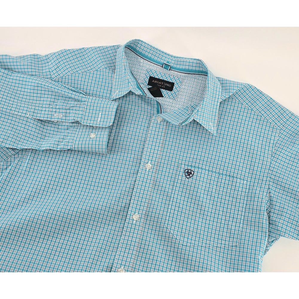 Ariat Pro Series Shirt Western Men Size Medium Turquoise Plaid Button Down